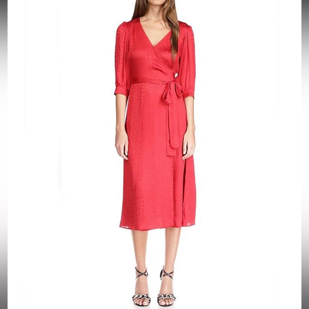 MICHAEL Michael Kors NWT Subtle Cheetah Print Wrapped V-Neck Midi Red Dress - Picture 2 of 13